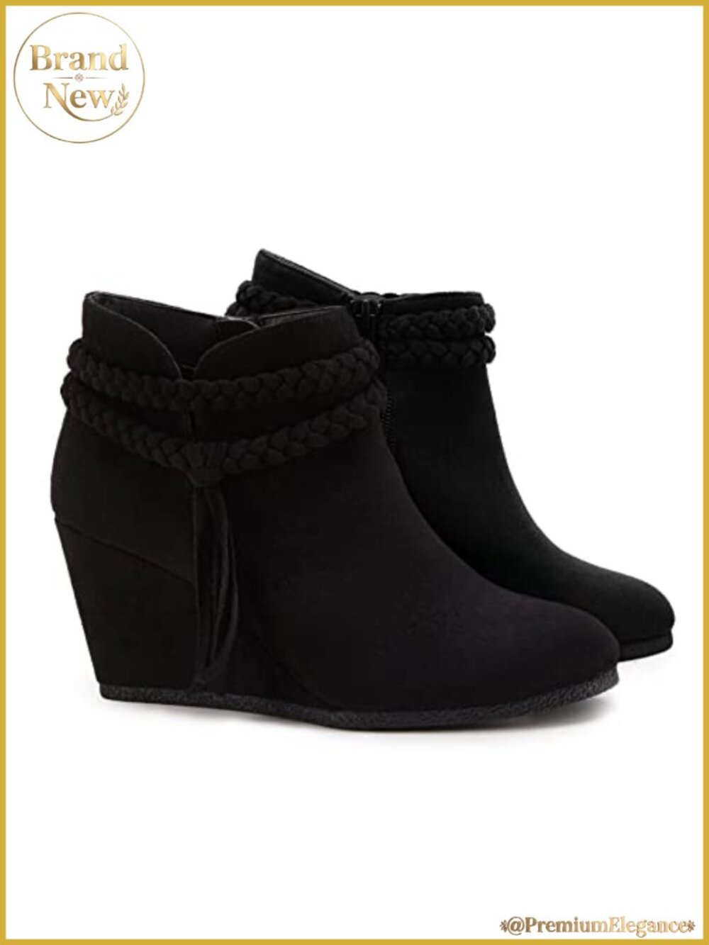 Faux Suede Wedge Ankle Boots Braided Fringe Strap Western Heeled Booties Dress